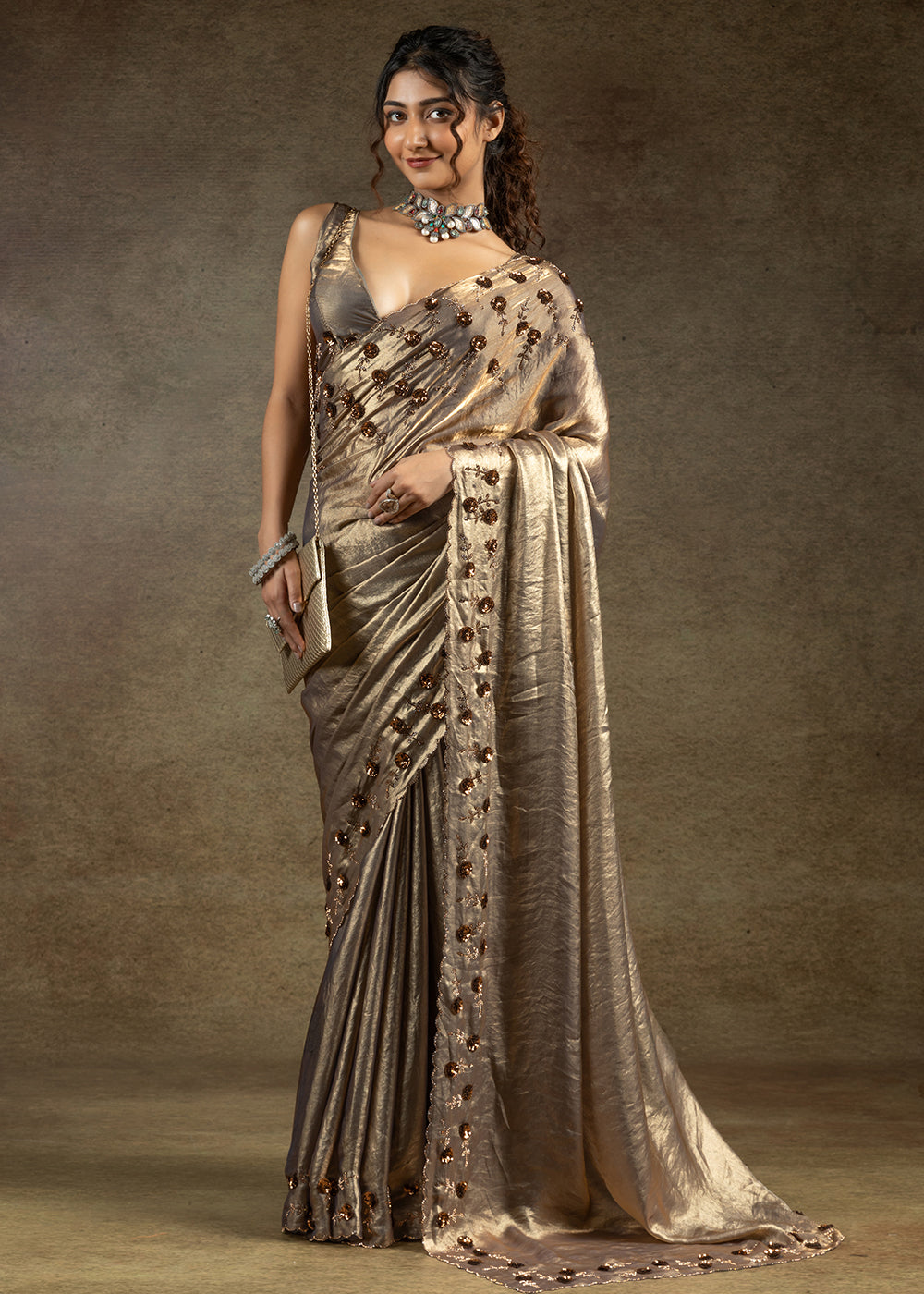 Gold Zarkan Work Embroidered Designer Party Wear Saree