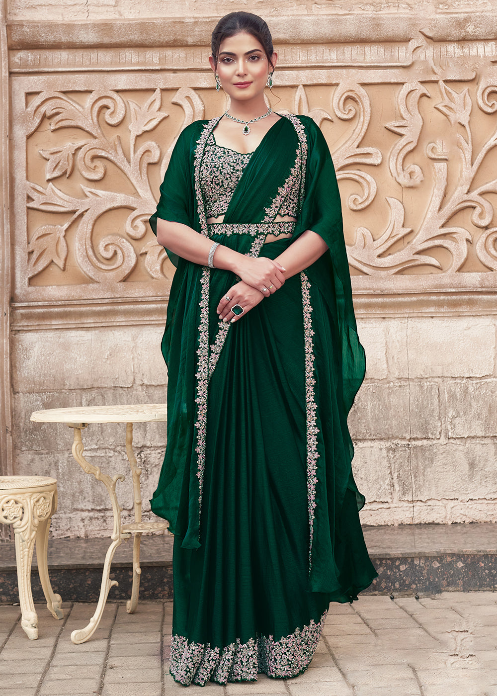 Buy Ready to Wear Saree in France- Green Embroidered Designer
