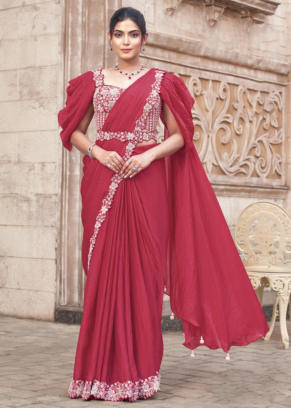 Gajari Pink Embroidered Designer Ready to Wear Saree