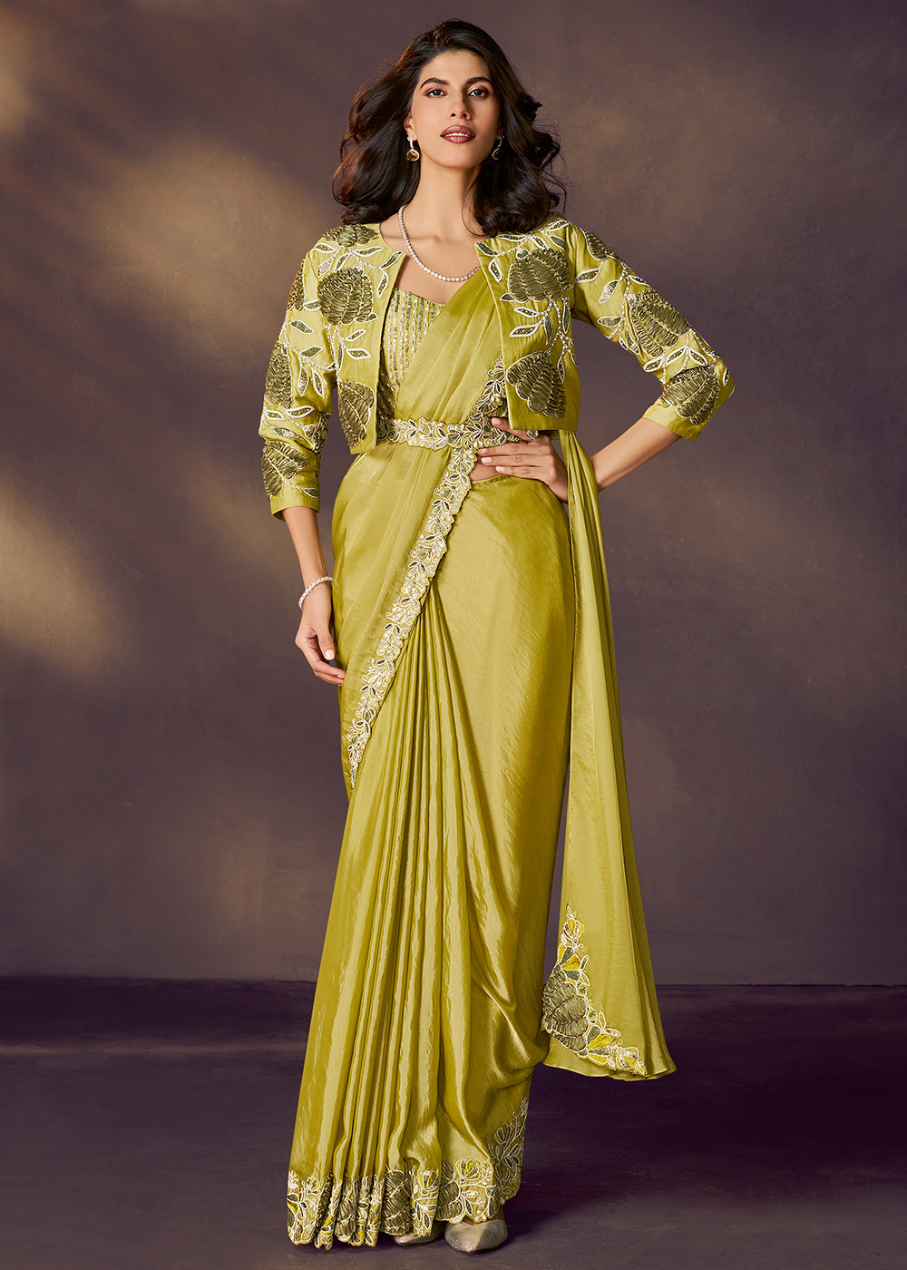 Buy Party Style Pre Draped Saree in Italy Lemon Green Designer
