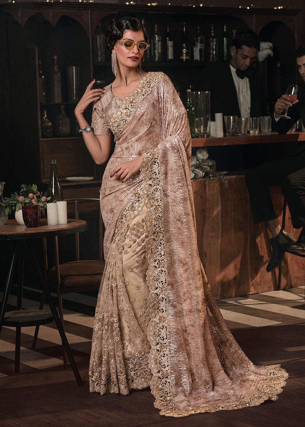 Buy Designer Saree Wedding Party Chiku Brown Net Embroidered