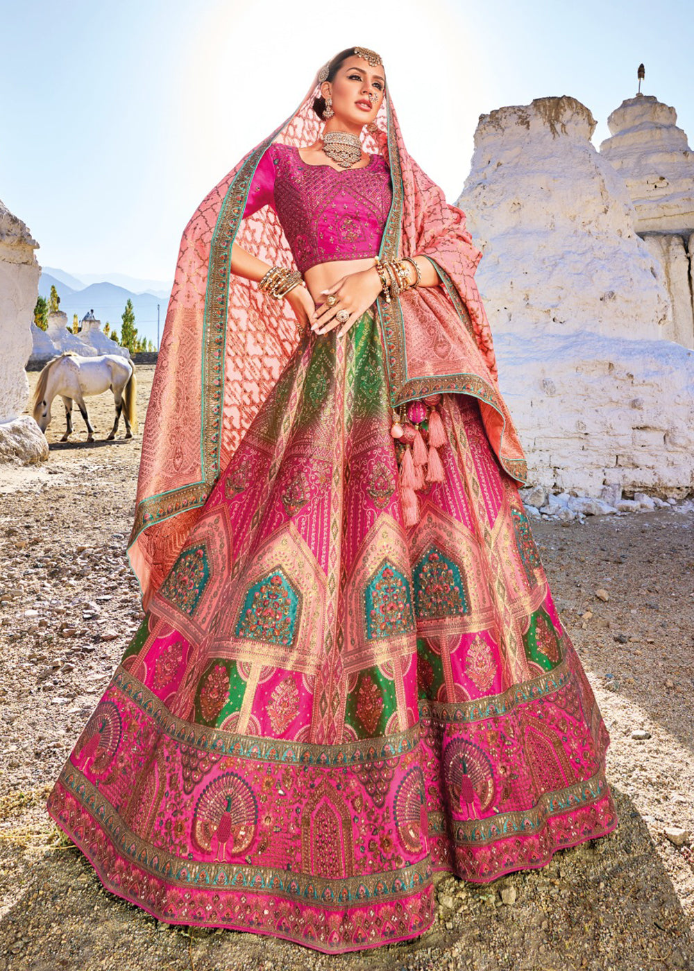 Traditional Rani Pink Banarasi Silk Embroidered Bridal Lehenga