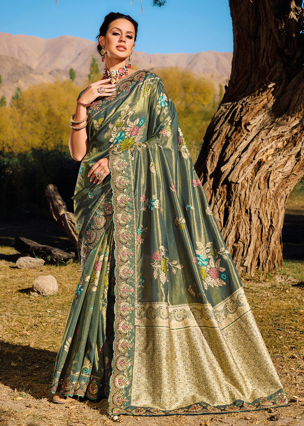 Buy Designer Saree Moss Green Banarasi Pure Zari Fabric Saree