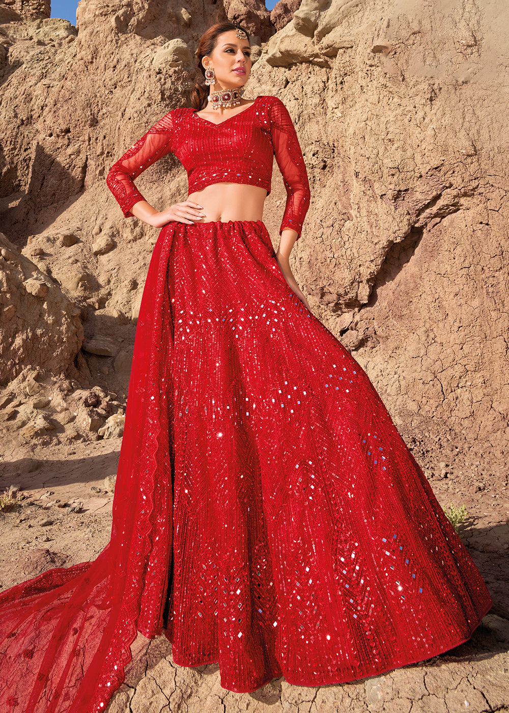Buy Designer Bridal Lehenga Red Embroidered Pure Net Lehenga