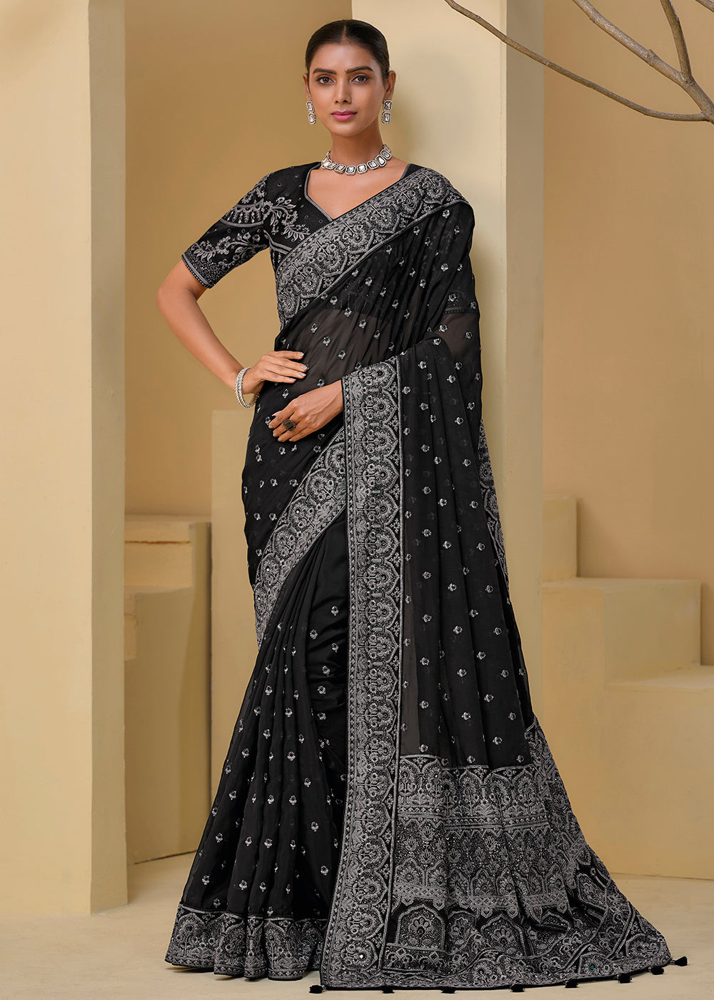 Banarasi Silk Saree For Woman In Dark Grey With Golden Banarasi Butti And Heavy Pallu Fancy Saree Saree With shops Blouse Black Saree Blouse.