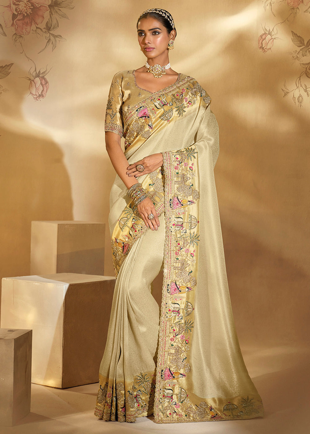 Buy Wedding Bridal Saree Traditional Cream Heavy Embroidered