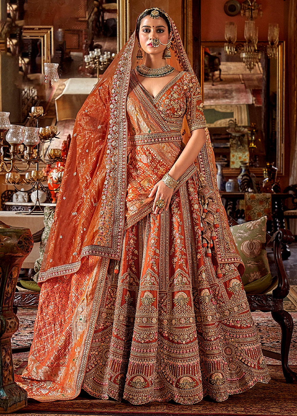 Buy Sabyasachi Inspired Lehenga Choli Orange Bridal Lehenga