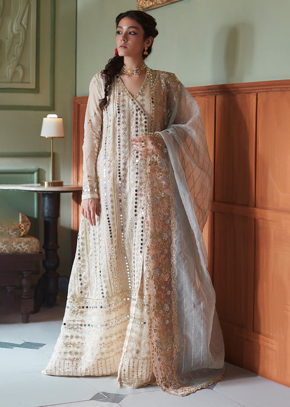 Buy Beige Organza Net Pakistani Suit | Mushq | Qala Kamdaani