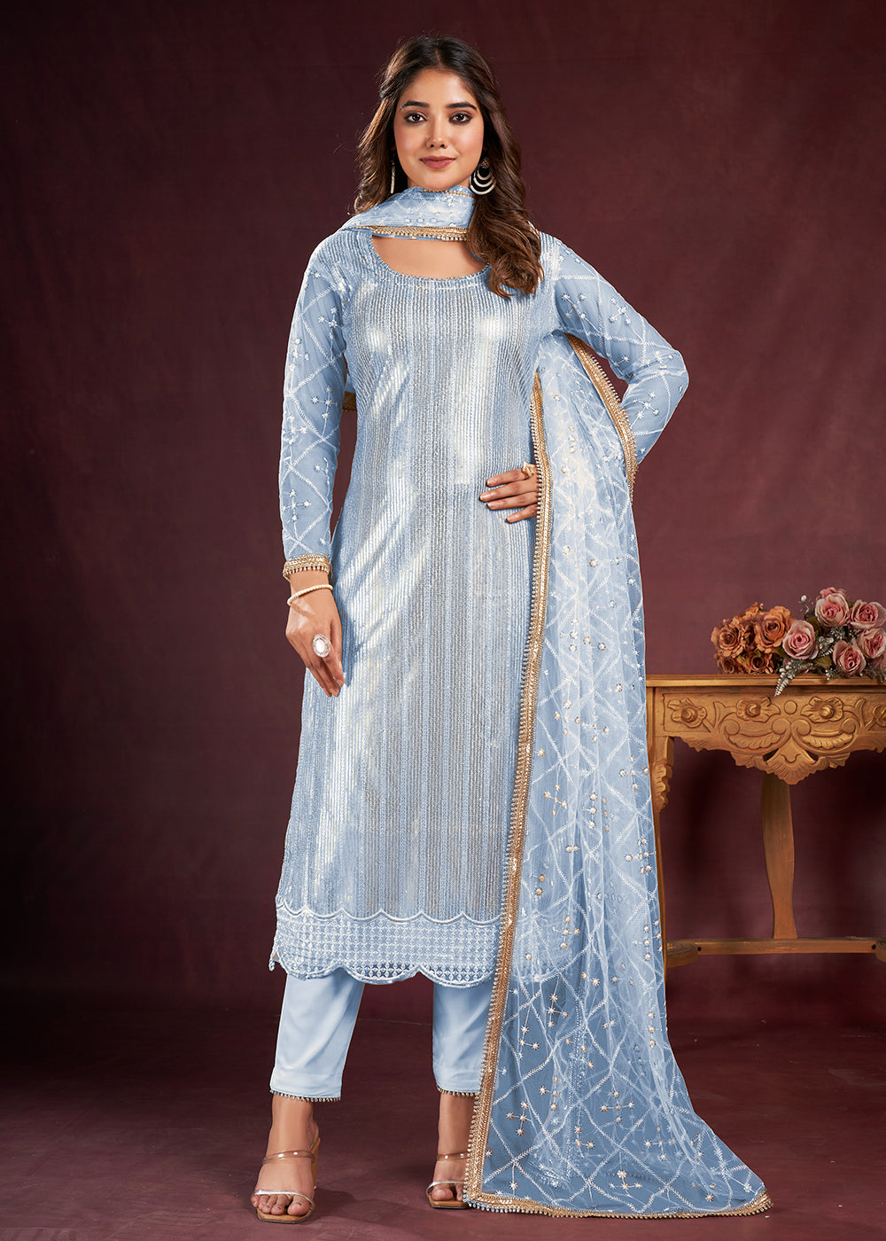 Festive Salwar Suit Ice Blue Butterfly Net Embroidered Salwar