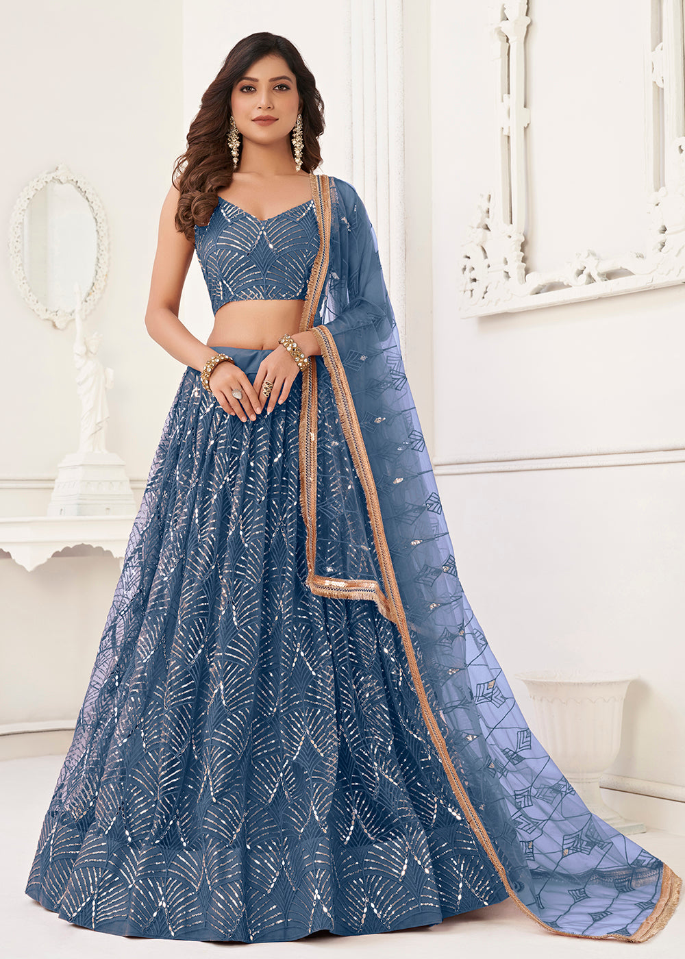 Buy Sangeet & Wedding Lehenga Choli - Embroidered Net Blue Lehenga Buy Sangeet & Wedding Lehenga Choli - Embroidered Net Blue Lehenga