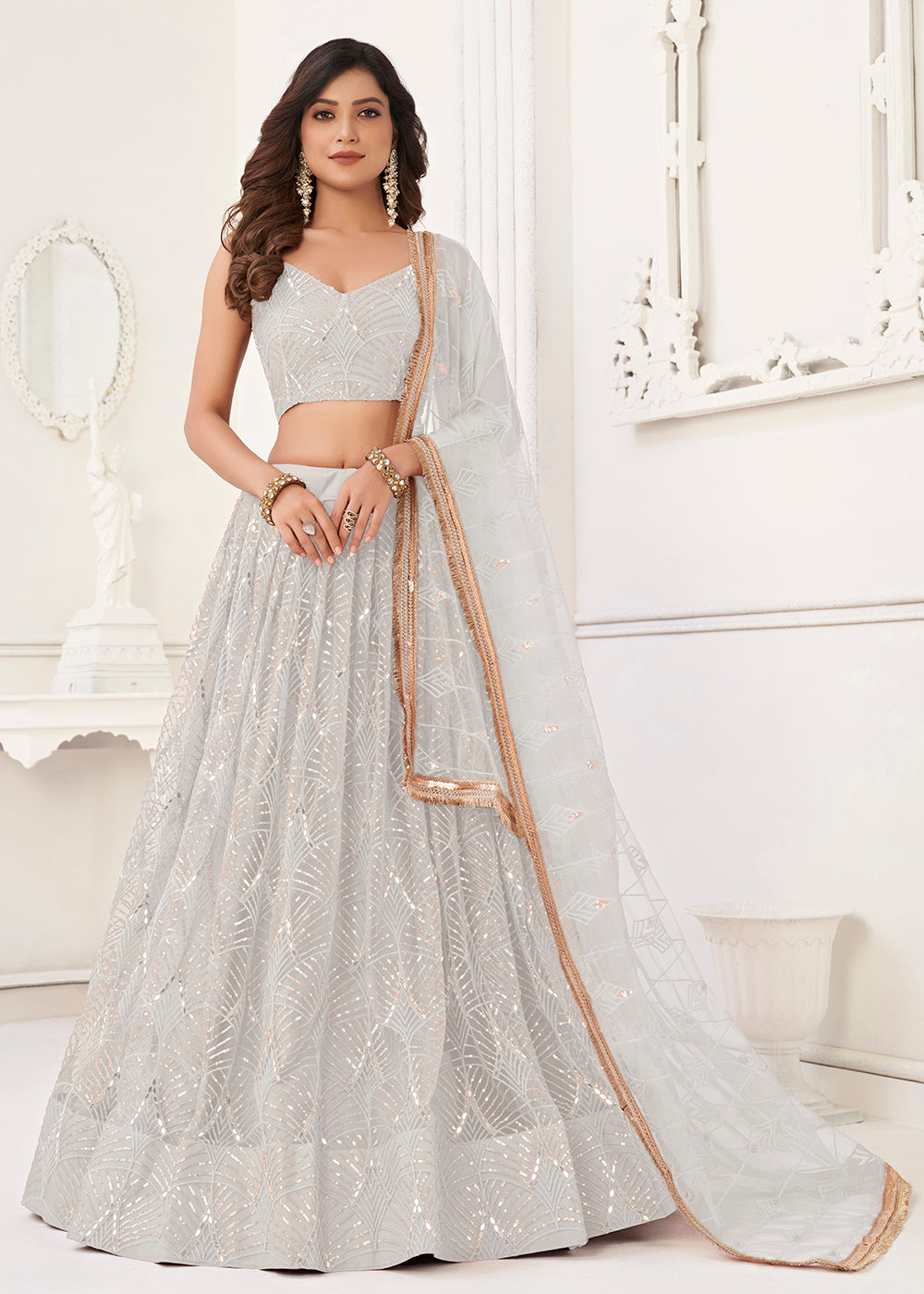 Buy Sangeet Wedding Lehenga Choli Embroidered Net White