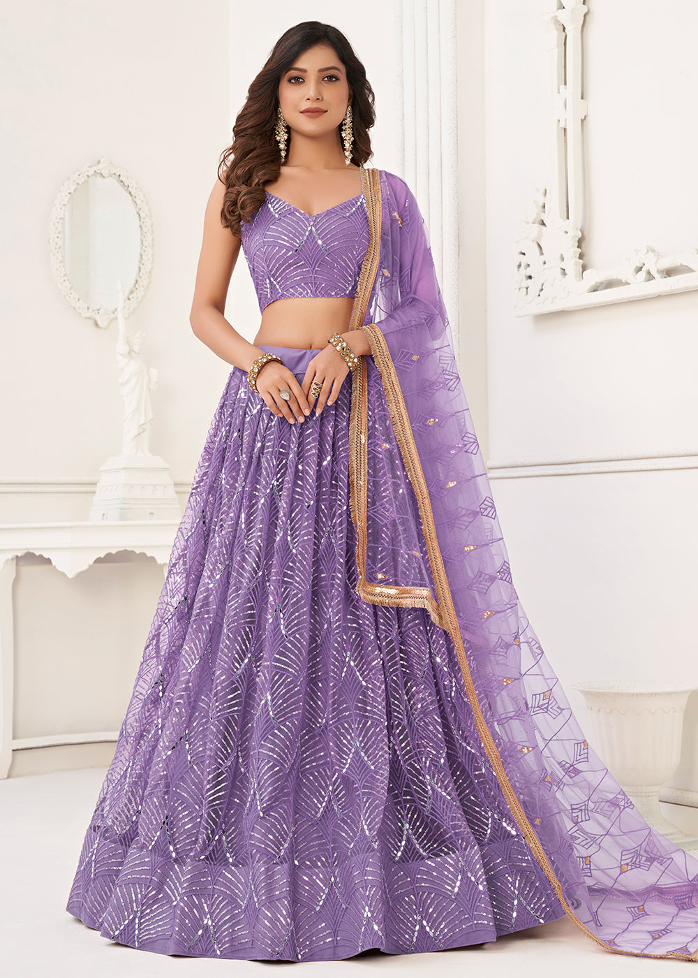 Buy Sangeet Wedding Lehenga Choli Embroidered Net Lavender