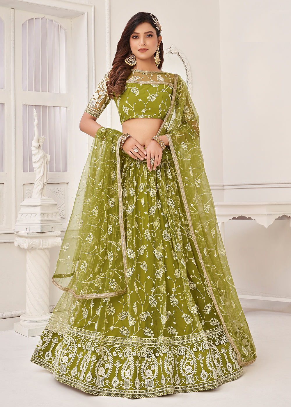 Buy Sangeet Wedding Lehenga Choli Embroidered Net Green