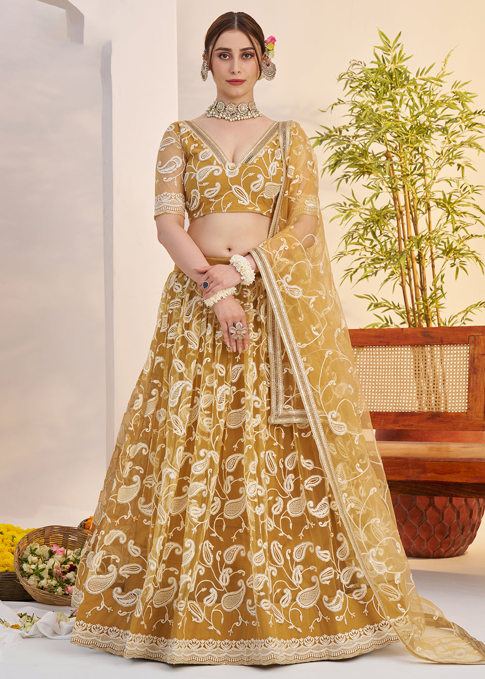 Buy Wedding Party Wear Lehenga Choli Light Gold Net Lehenga