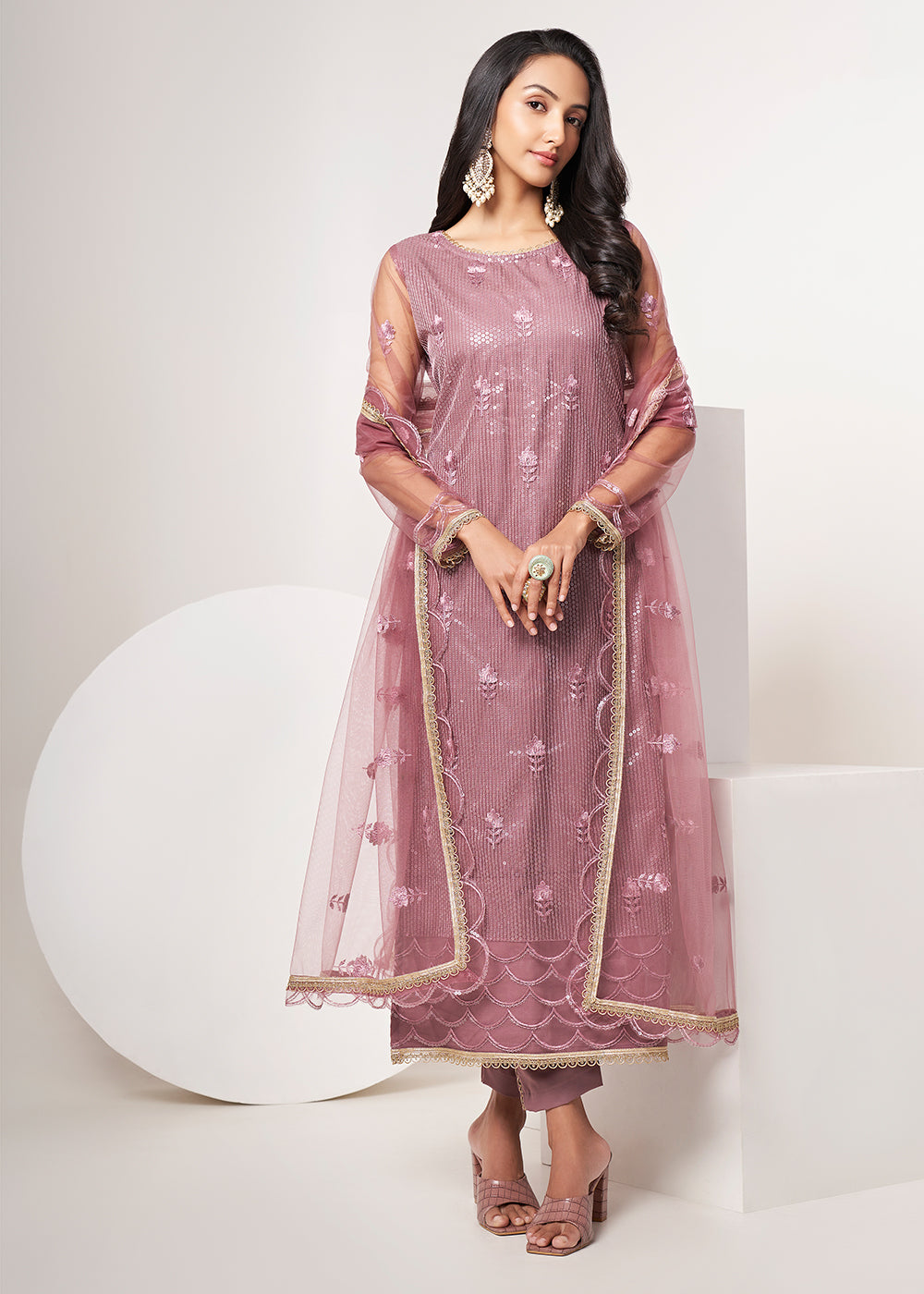 Buy Festive Salwar Suit Onion Pink Net Embroidered Salwar Suit