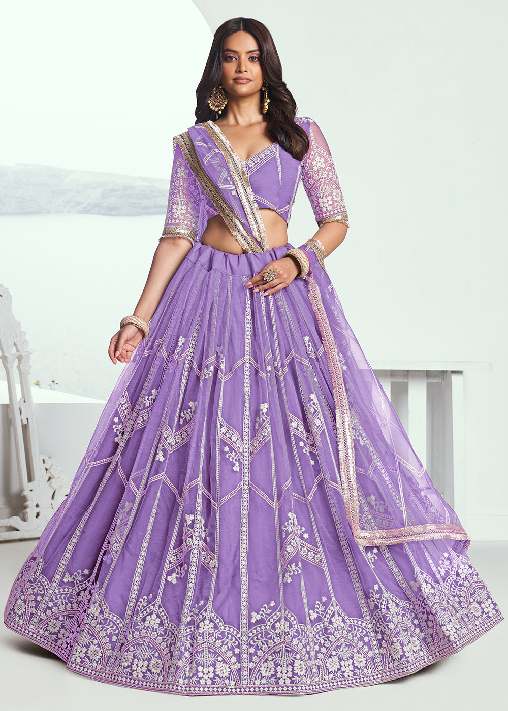 sachin and babi light blue dress Lavender Soft Organza Hand-Embroidered Gown Set with Full Sleeves, Cotton Lining, Micro Cotton Pants & Matching Dupatta L main image 0