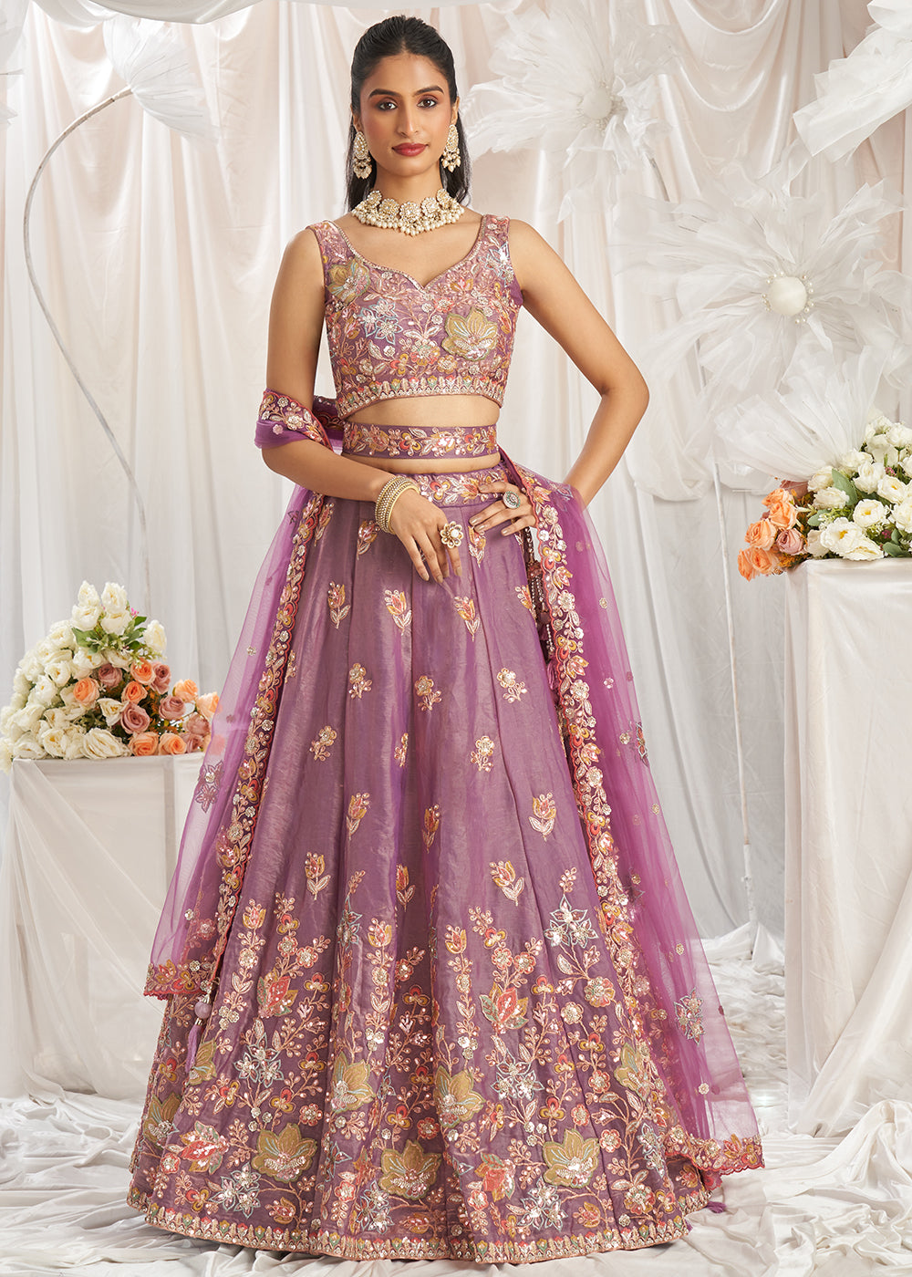 Wedding Lehenga Choli in US - Lavender Organza Multi Sequinned Lehenga Wedding Lehenga Choli in US - Lavender Organza Multi Sequinned Lehenga