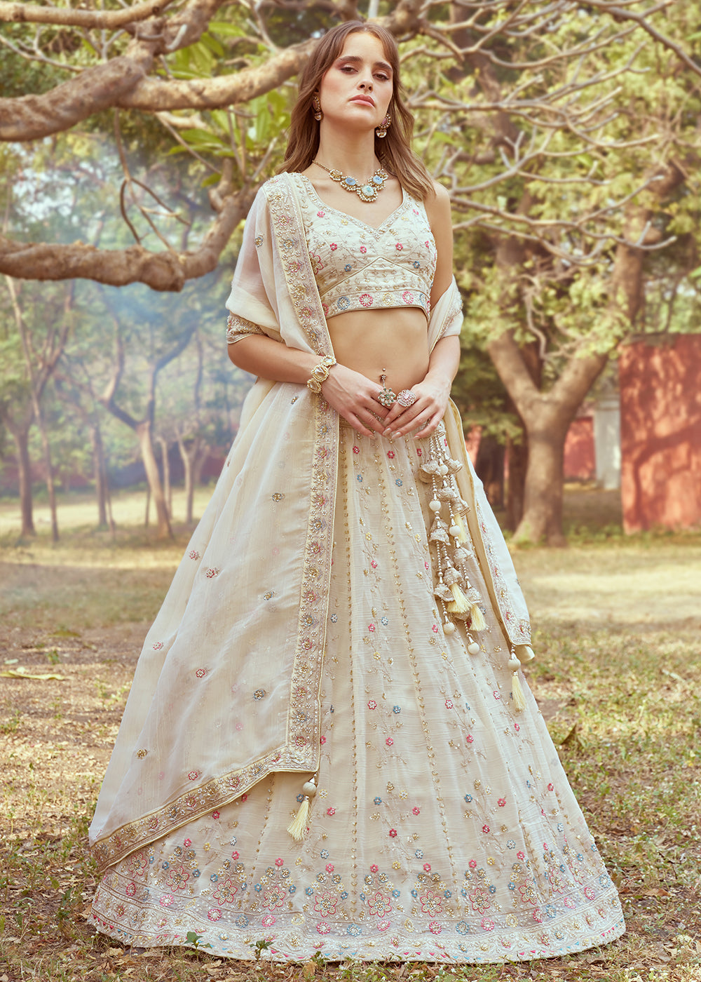 Cream Hand Work Embroidered Wedding Lehenga Choli