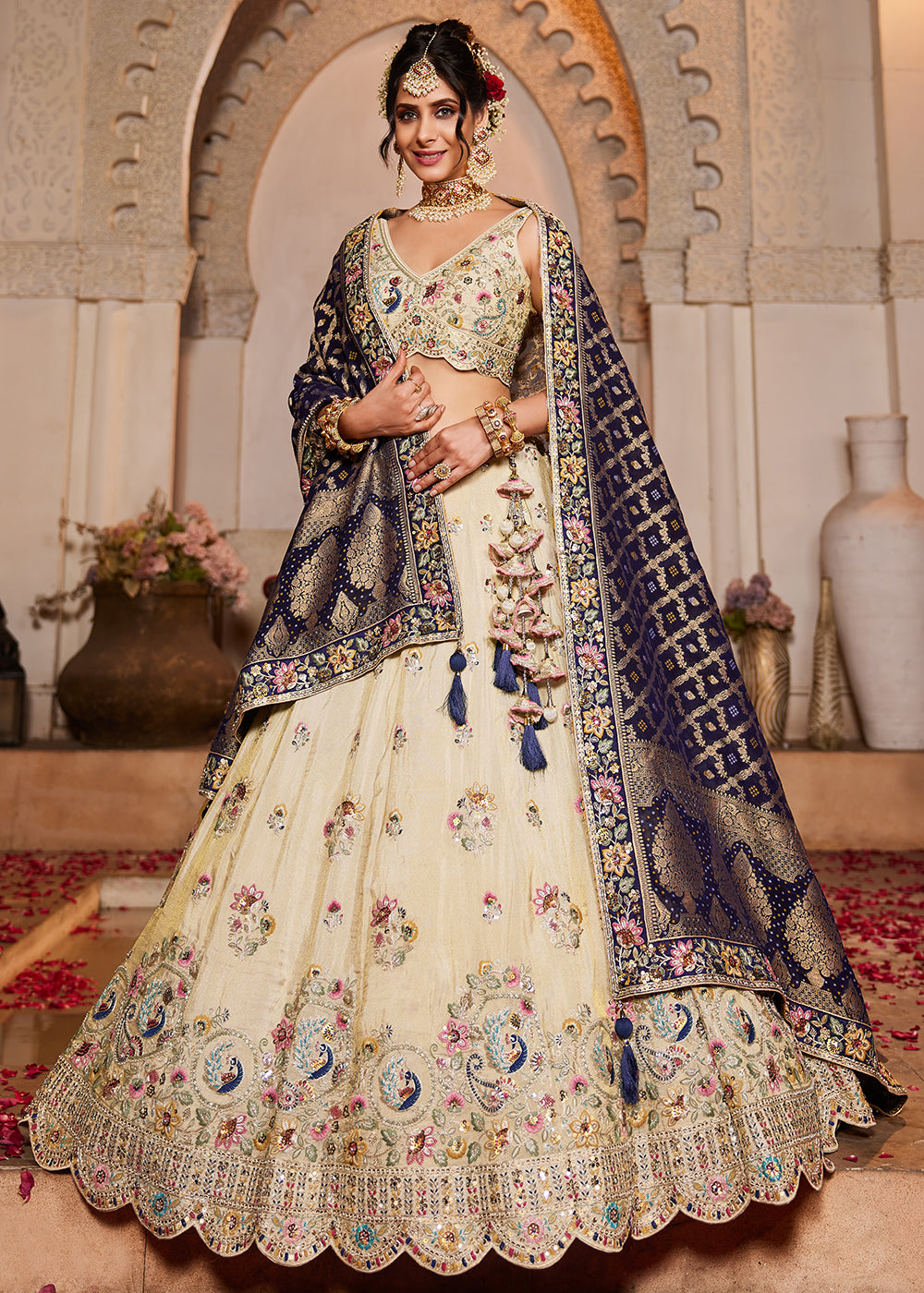 Wedding Lehenga -Cream & Blue Premium Tissue Embroidered Lehenga Choli Empress Clothing Wedding Lehenga -Cream & Blue Premium Tissue Embroidered Lehenga Choli Empress Clothing