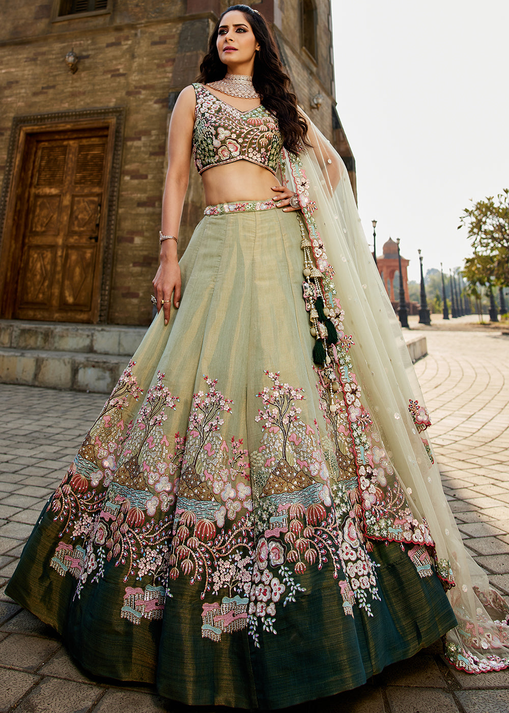 Buy Multicolor Multi Green Lime Embroidered Wedding Lehenga