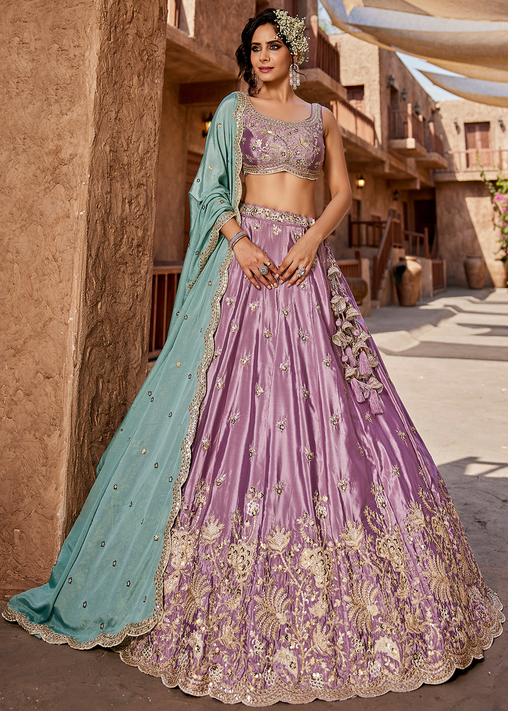 Satin Silk Embroidered Lavender Bridesmaids Lehenga Choli