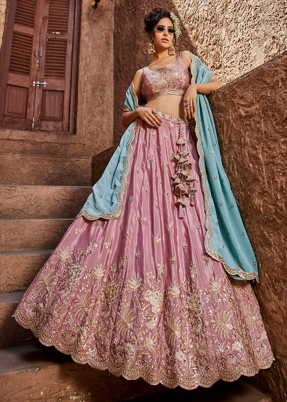 Satin Silk Embroidered Pink Bridesmaids Lehenga Choli