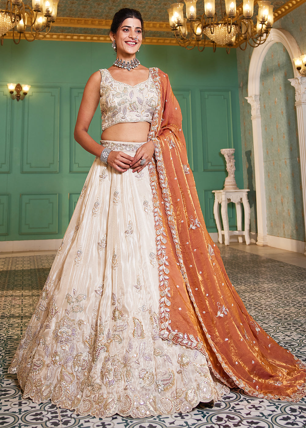 Buy Bridal Lehenga Cream Orange Tissue Embroidered Lehenga