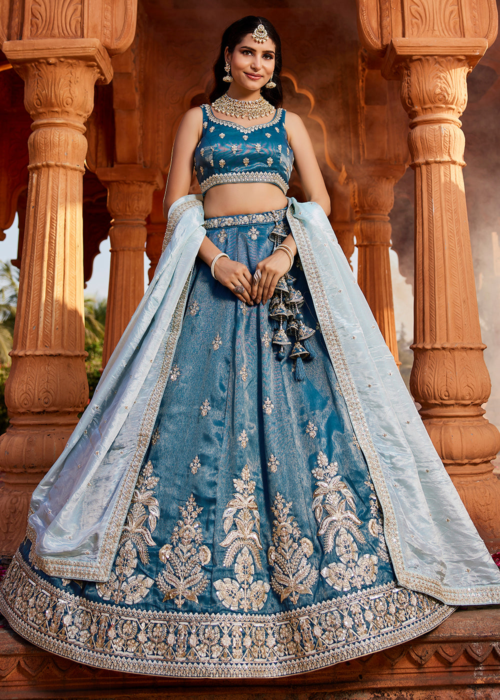 Tissue Fabric Blue Embroidered Designer Wedding Lehenga Choli