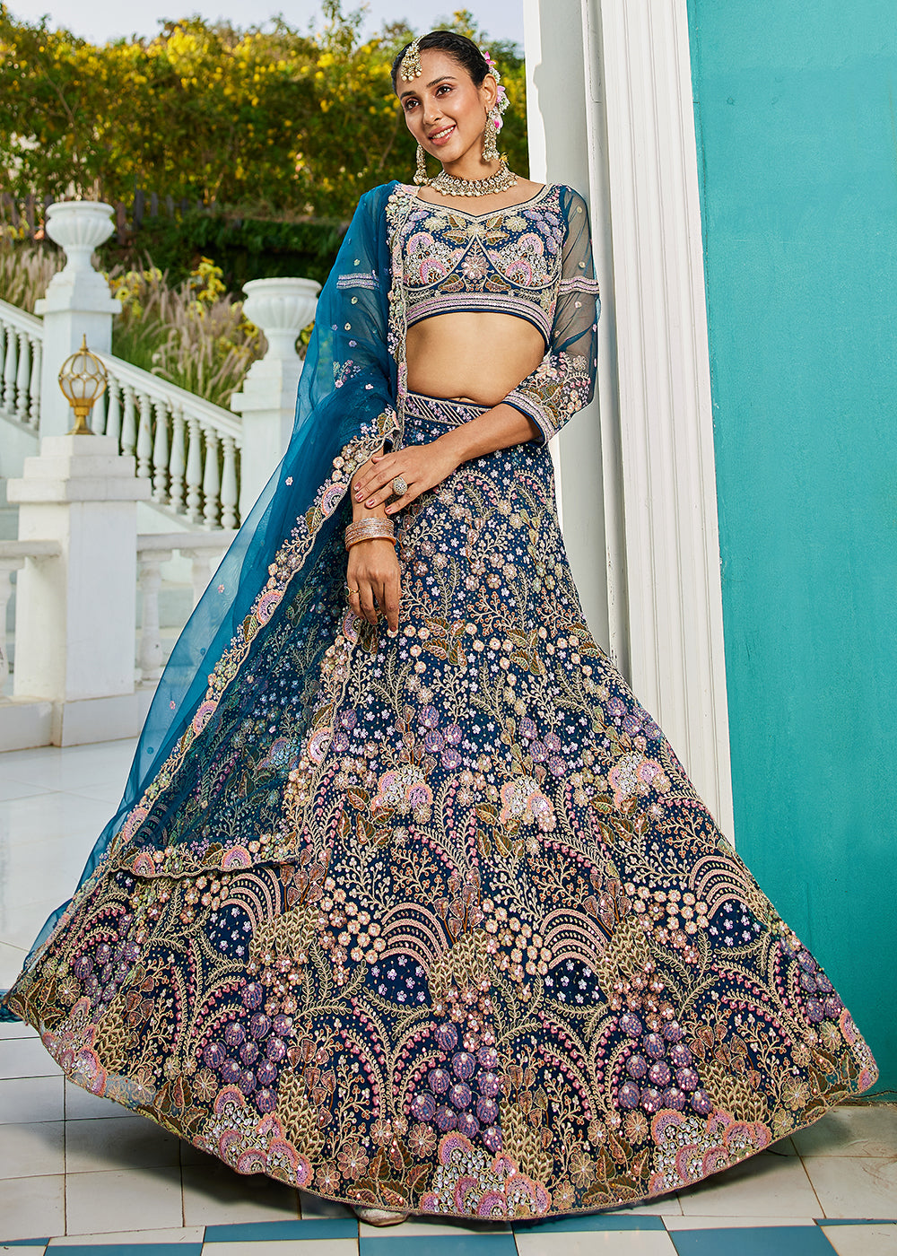 Sky Blue Satin Silk Sequins & Cording Wedding Lehenga Choli
