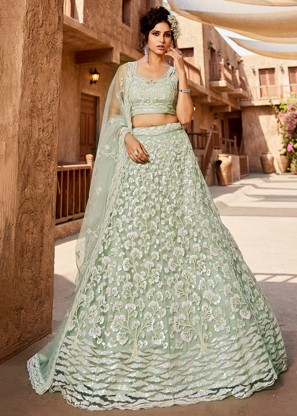 Buy Wedding Wear Lehenga Pastel Green Embroidered Net Lehenga