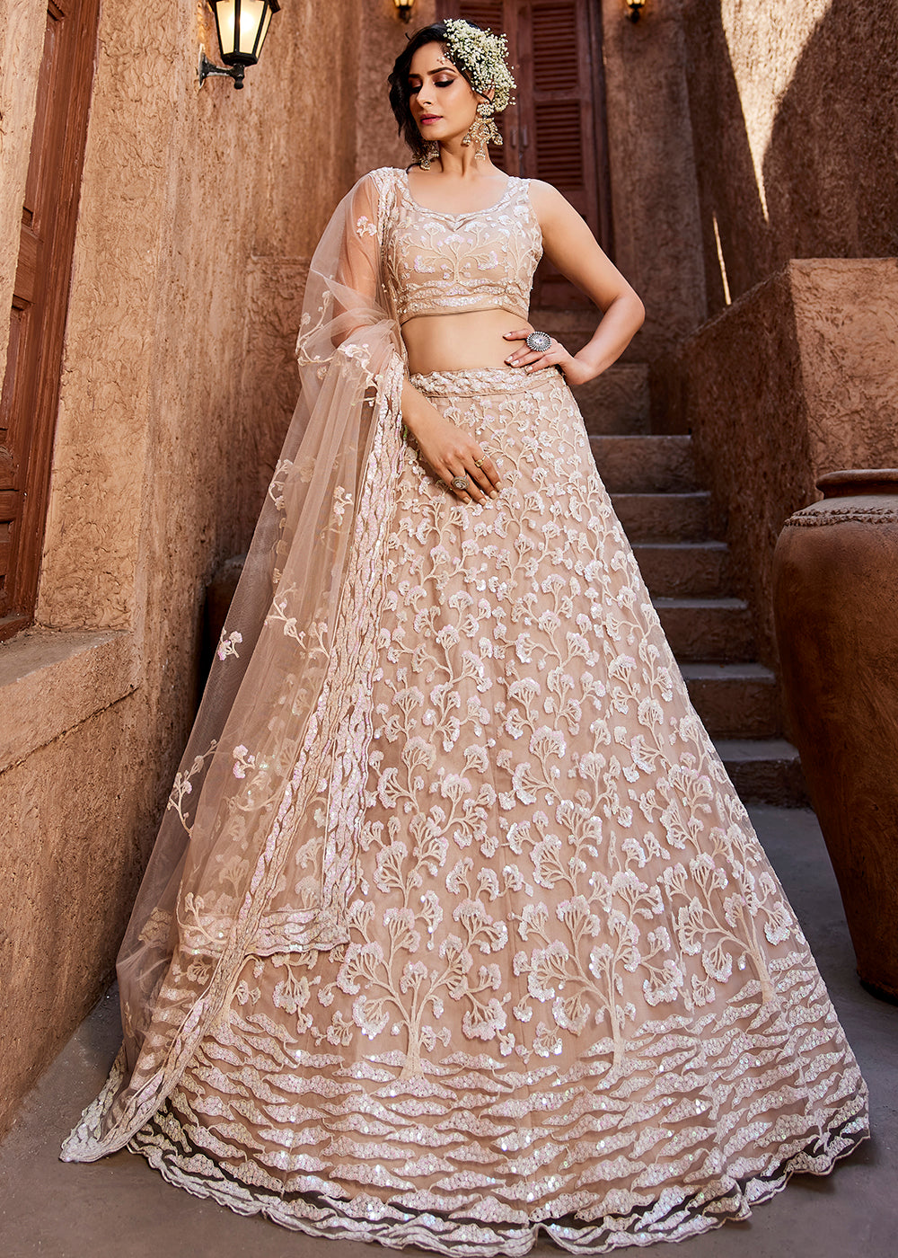 Buy Wedding Wear Lehenga Pastel Pink Embroidered Net Lehenga