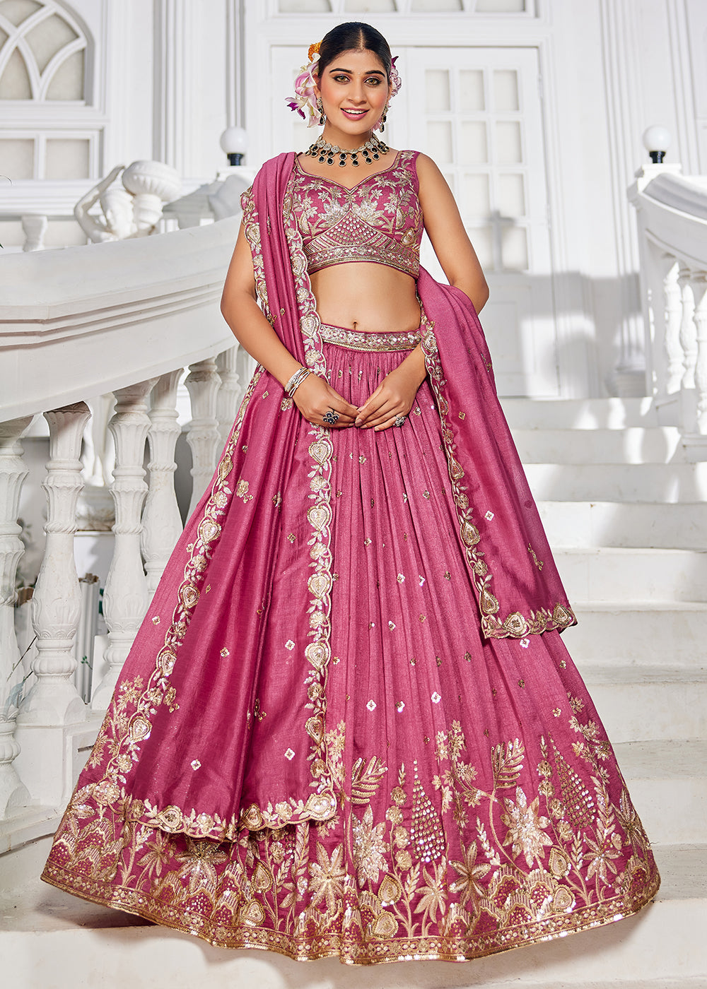 Wedding Lehenga Choli Poly Georgette Pink Embroidered Lehenga
