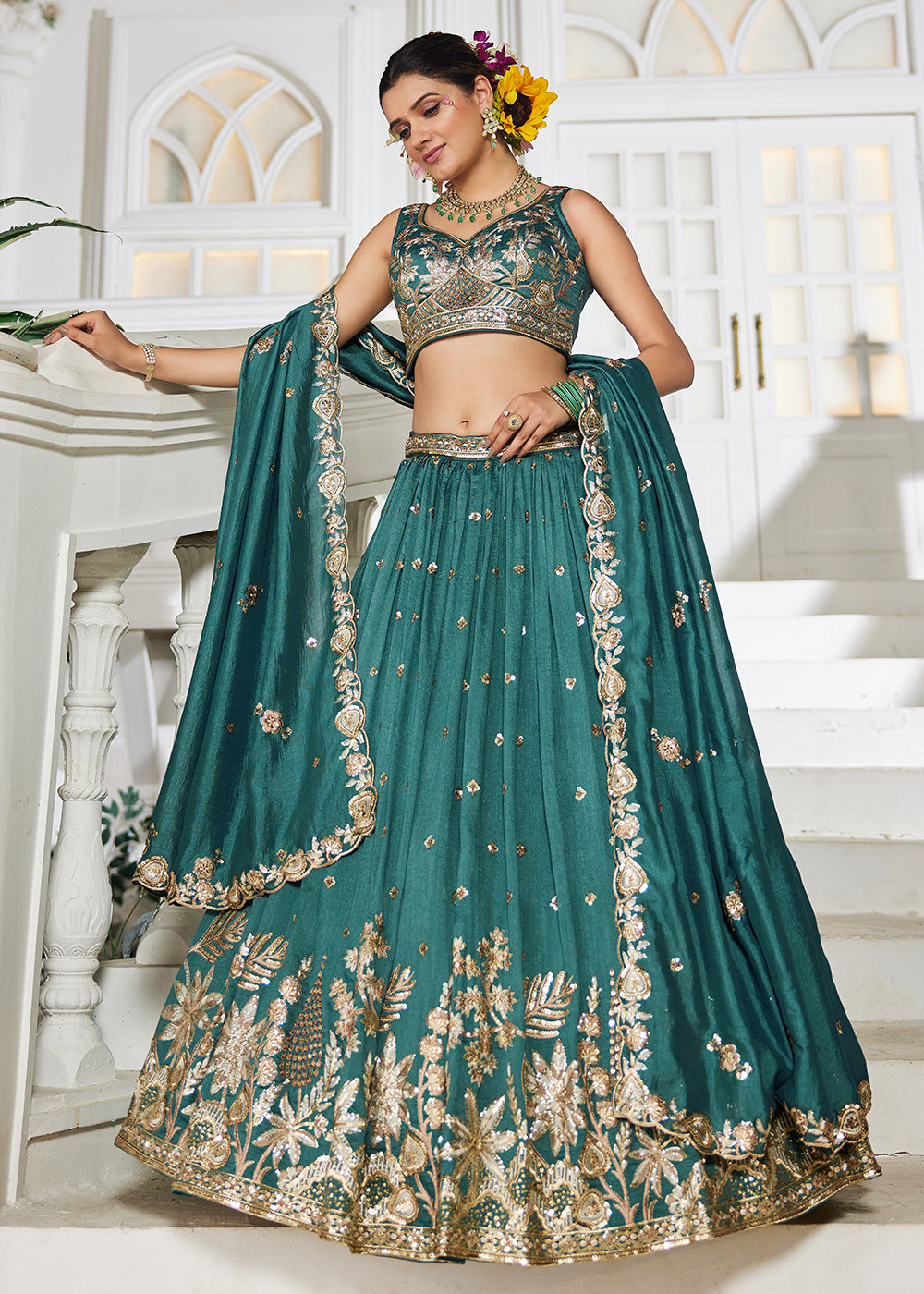 Wedding Lehenga Choli Poly Georgette Teal Embroidered Lehenga