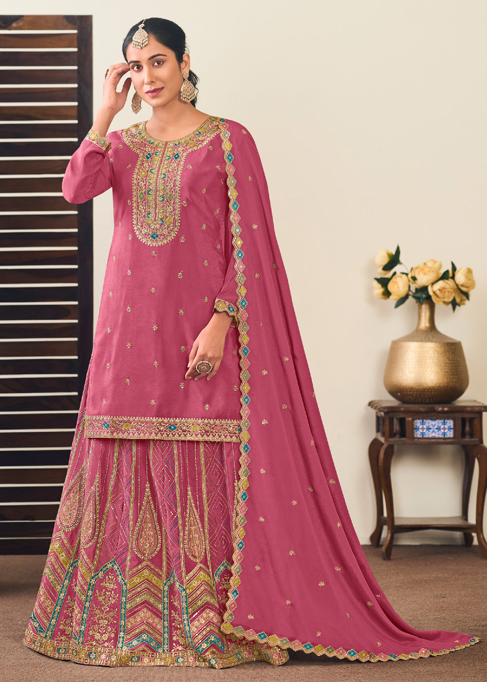 Buy Trendy Lehenga Style Suit Premium Pink Embroidered Lehenga