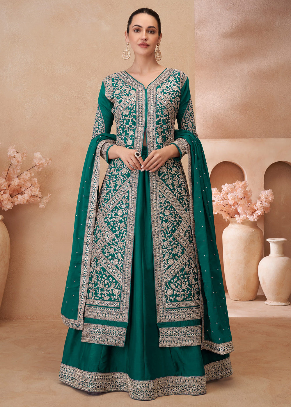 Pakistani Style Lehenga Choli Green Heavy Embroidered Lehenga