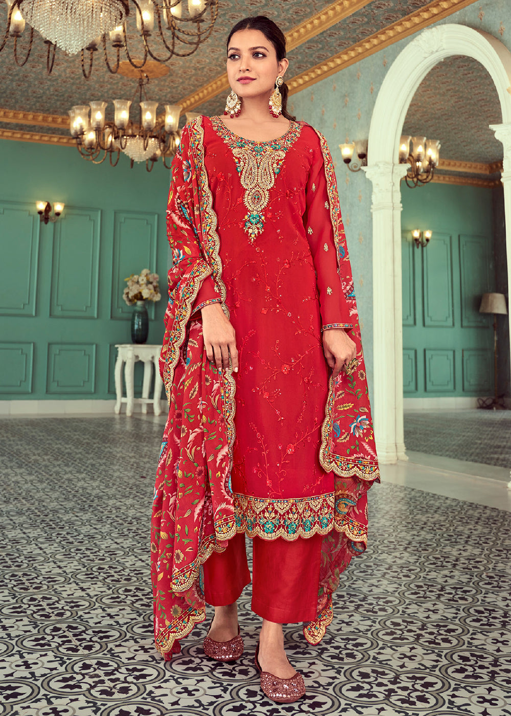 Buy Pant Style Salwar Suit Red Real Georgette Embroidered Suit