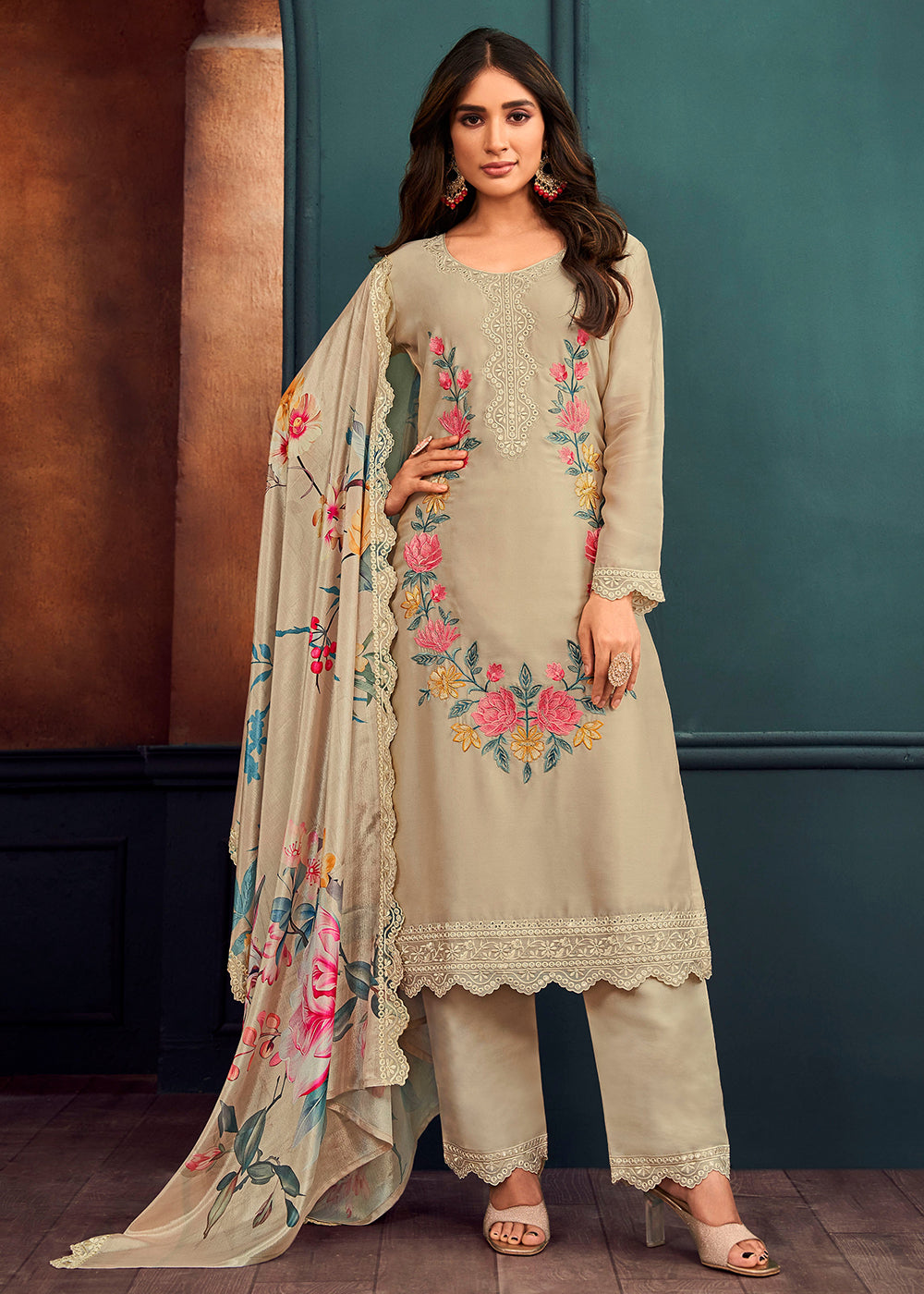 Buy Festive Salwar Kurta Suit Beautiful Beige Georgette Salwar