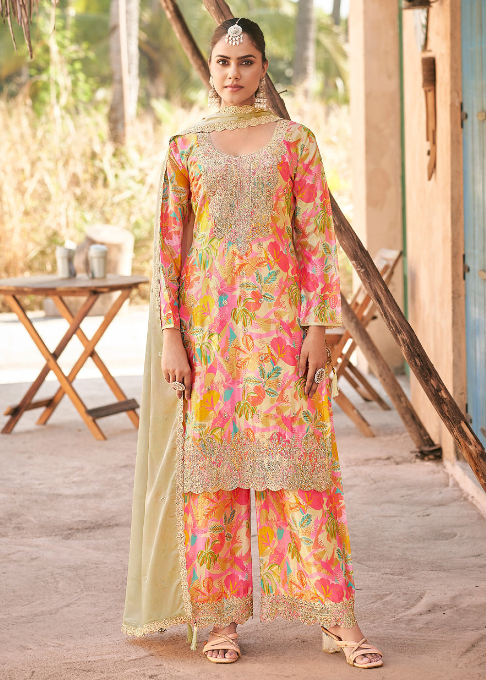 Peach Festive Style Embroidered Chinnon Palazzo Suit main image 1