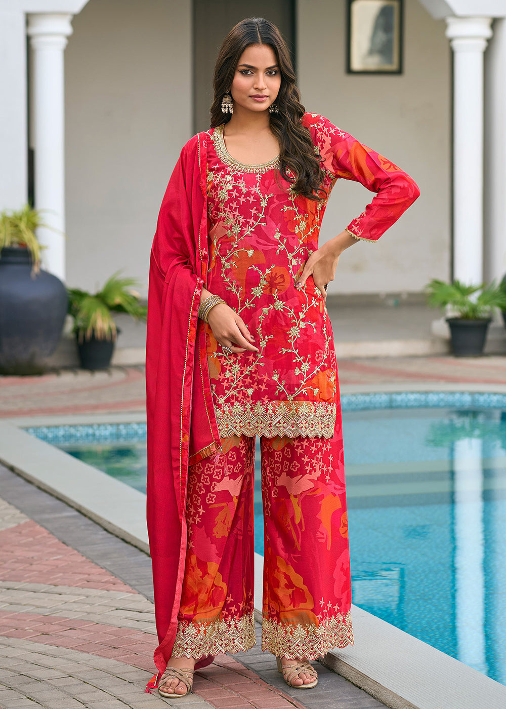 Buy Festive Palazzo Suit USA Red Floral Printed Embroidered