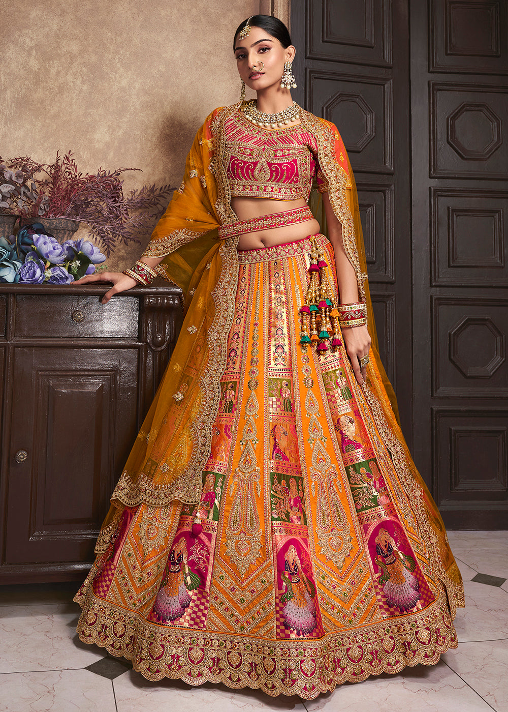 Bridal Designer Lehenga Mustard Orange Banarasi Silk Lehenga