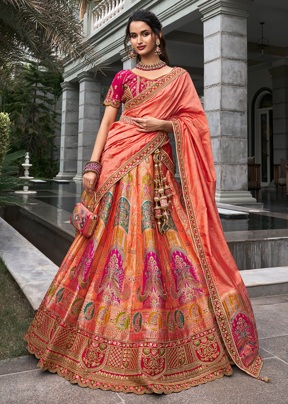 Pink Multicolor Banarasi Silk Embroidered Bridal Lehenga Choli