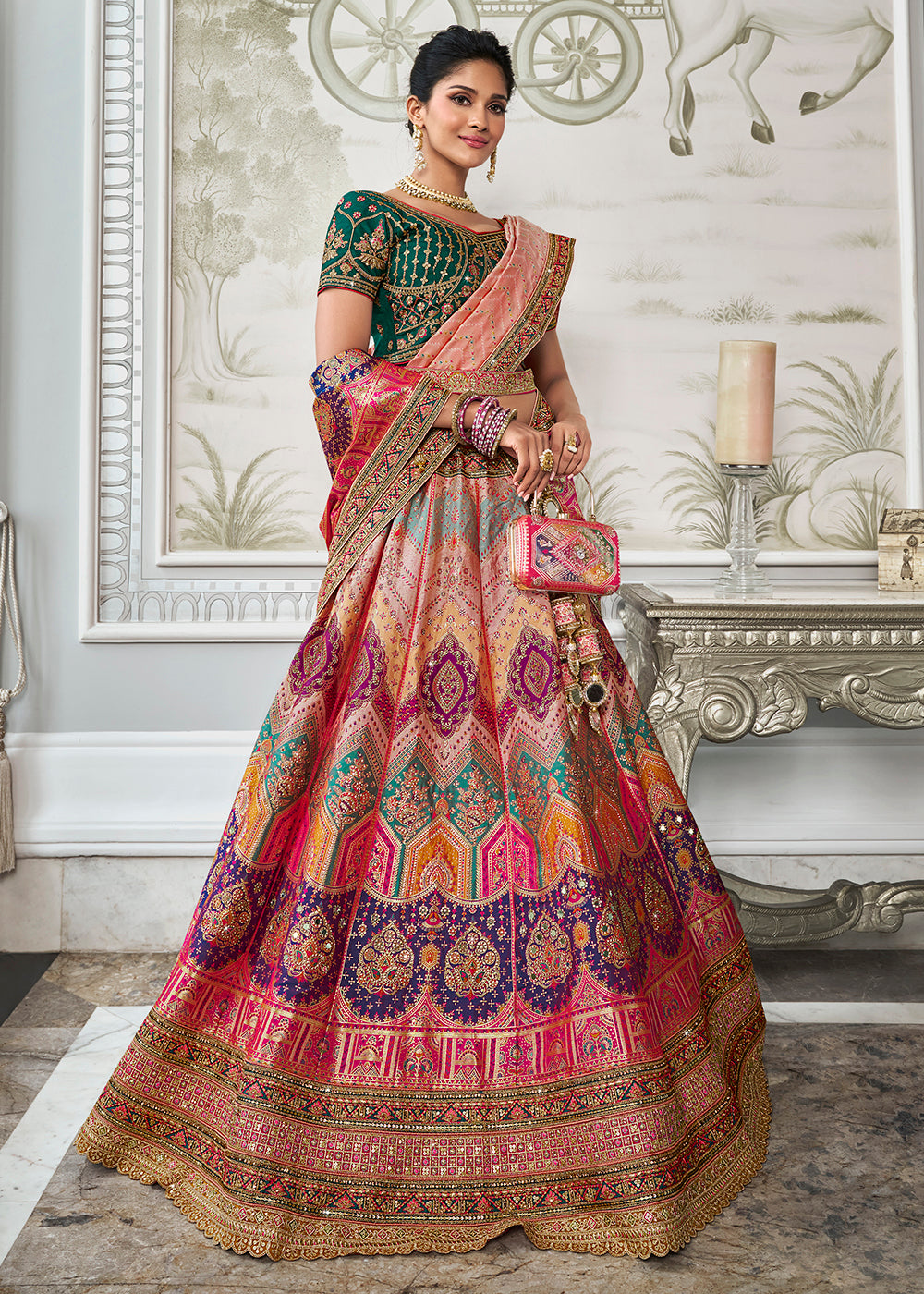 Bridal Lehenga UK Pink Multicolor Banarasi Silk Embroidered