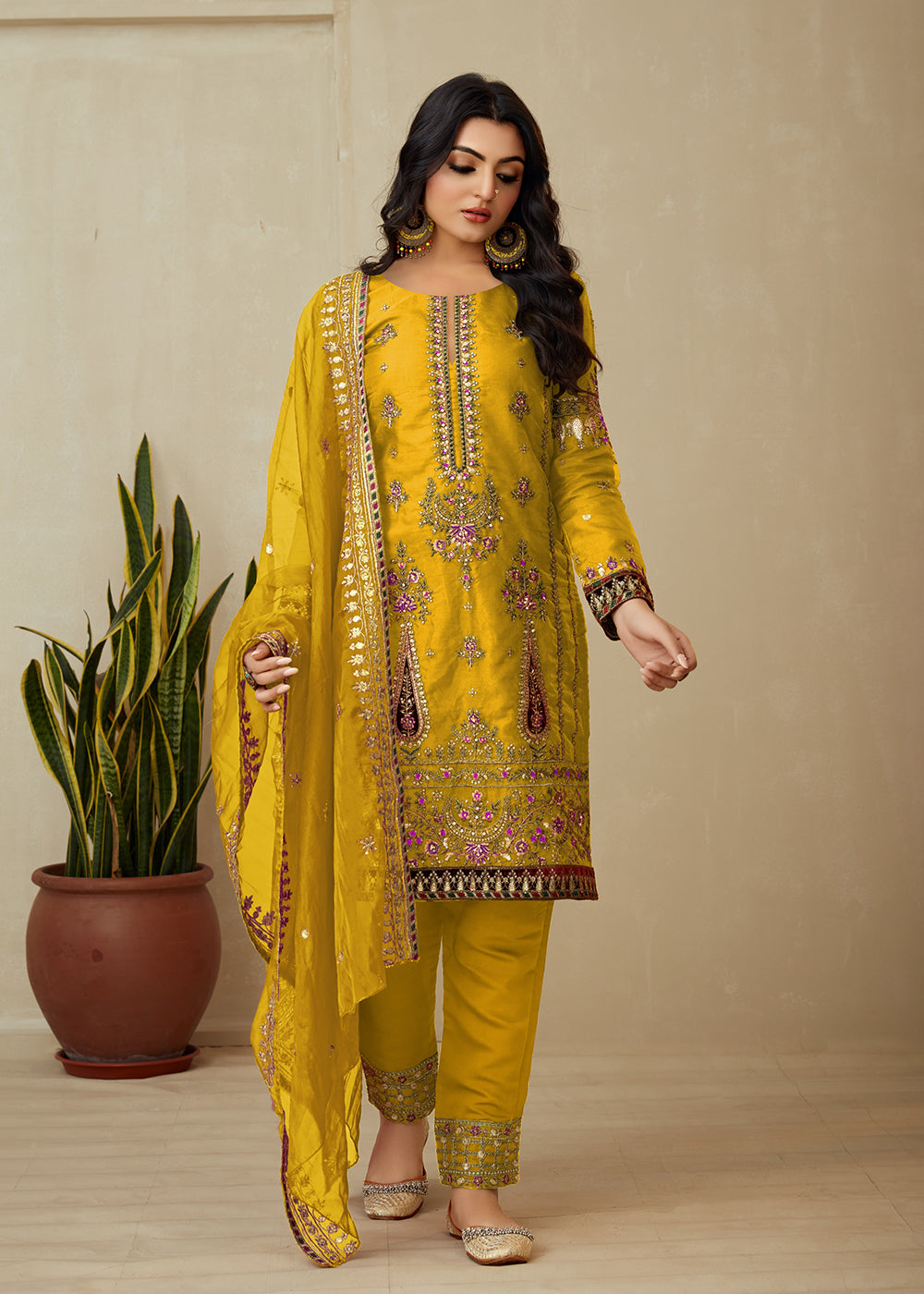 Bright Yellow Organza Embroidered Traditional Salwar Kameez