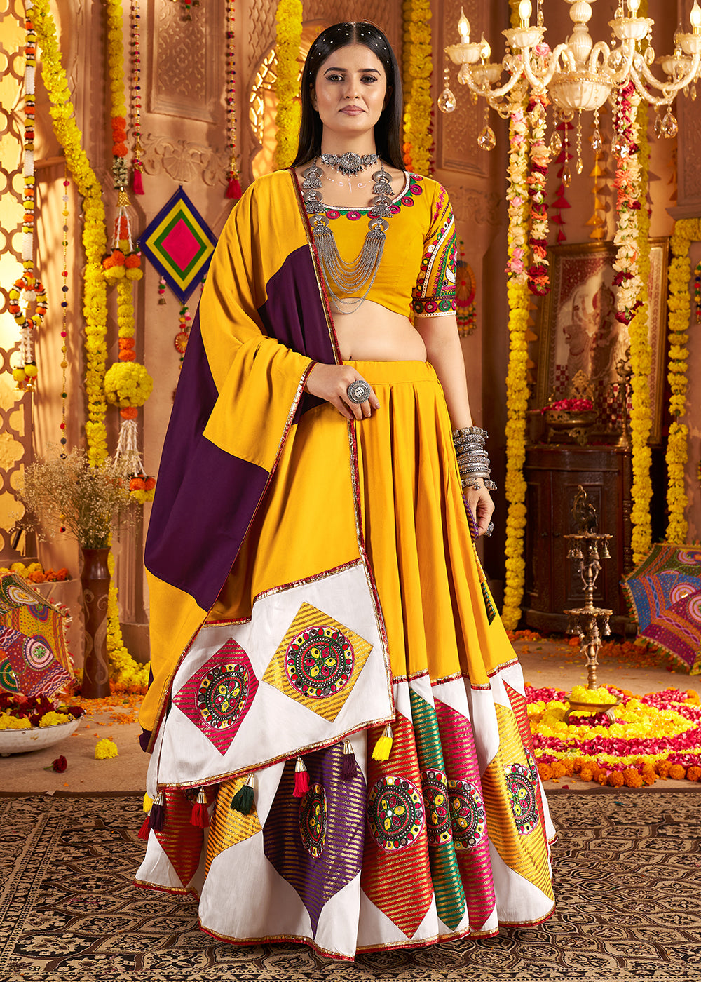 Buy Navratri Chaniya Choli Yellow Jacquard Patch Work Chaniya