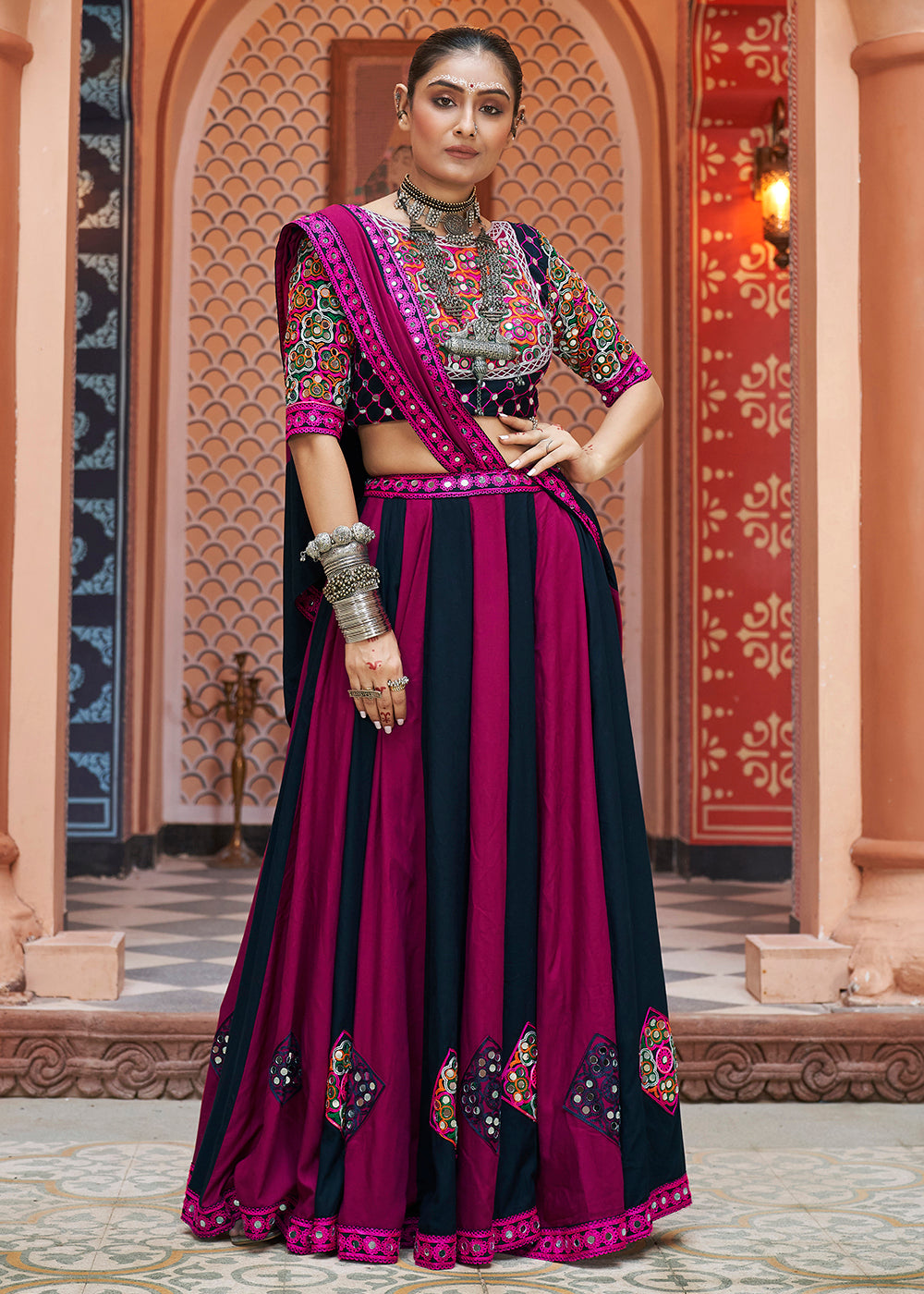 Buy Viscose Rayon Navy Multicolor Navratri Wear Chaniya Choli in USA –  Empress Clothing