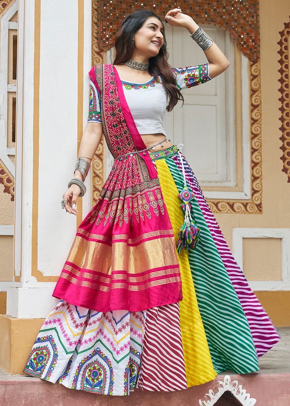 Mirror Work Lehenga Traditional Ghagra Choli For Garba Black Pink