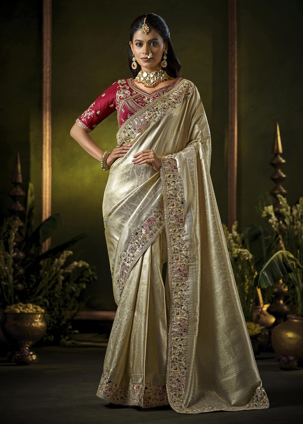 Buy Bridal Wear Saree USA Cream Pink Heavy Silk Embroidered