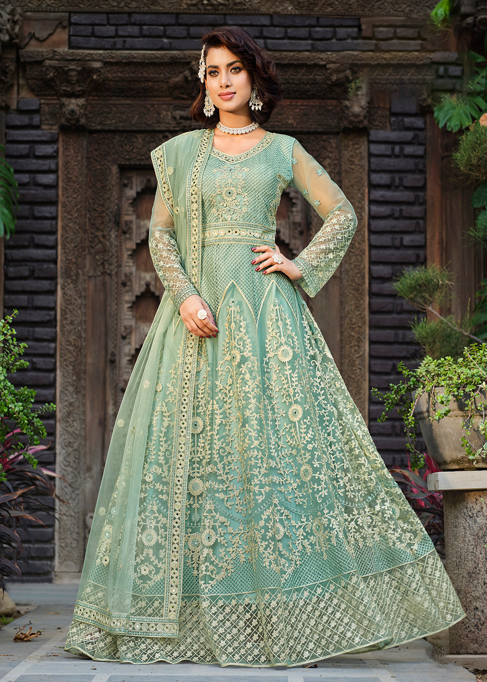Thread Stone Embroidered Aqua Green Wedding Anarkali Suit Thread Stone Embroidered Aqua Green Wedding Anarkali Suit