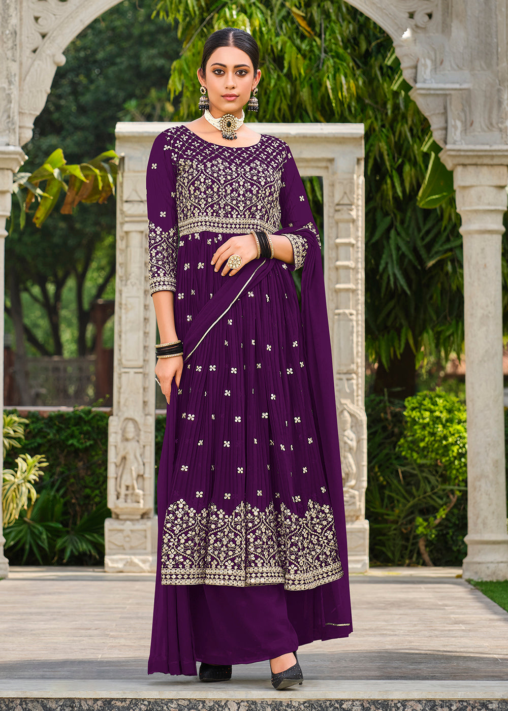 New Designer Faux Georgette Top Palazzo With Dupatta For Reception New Designer Faux Georgette Top Palazzo With Dupatta For Reception