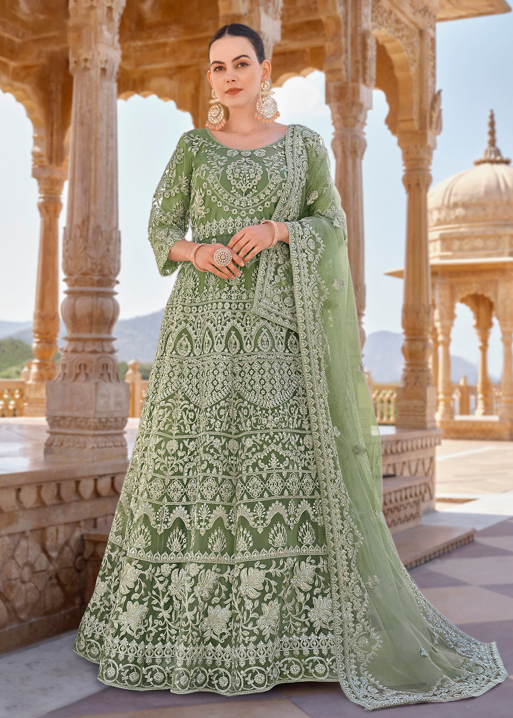 Sage Green Front & Back Stone Embroidered Wedding Anarkali Suit Sage Green Front & Back Stone Embroidered Wedding Anarkali Suit